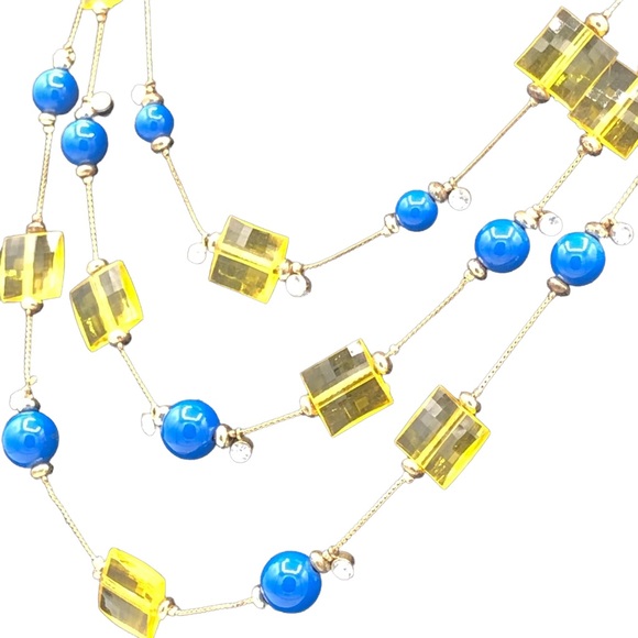 Multi Strand Necklace Blue Yellow Beads Rhinestones Statement Extender - Picture 3 of 7